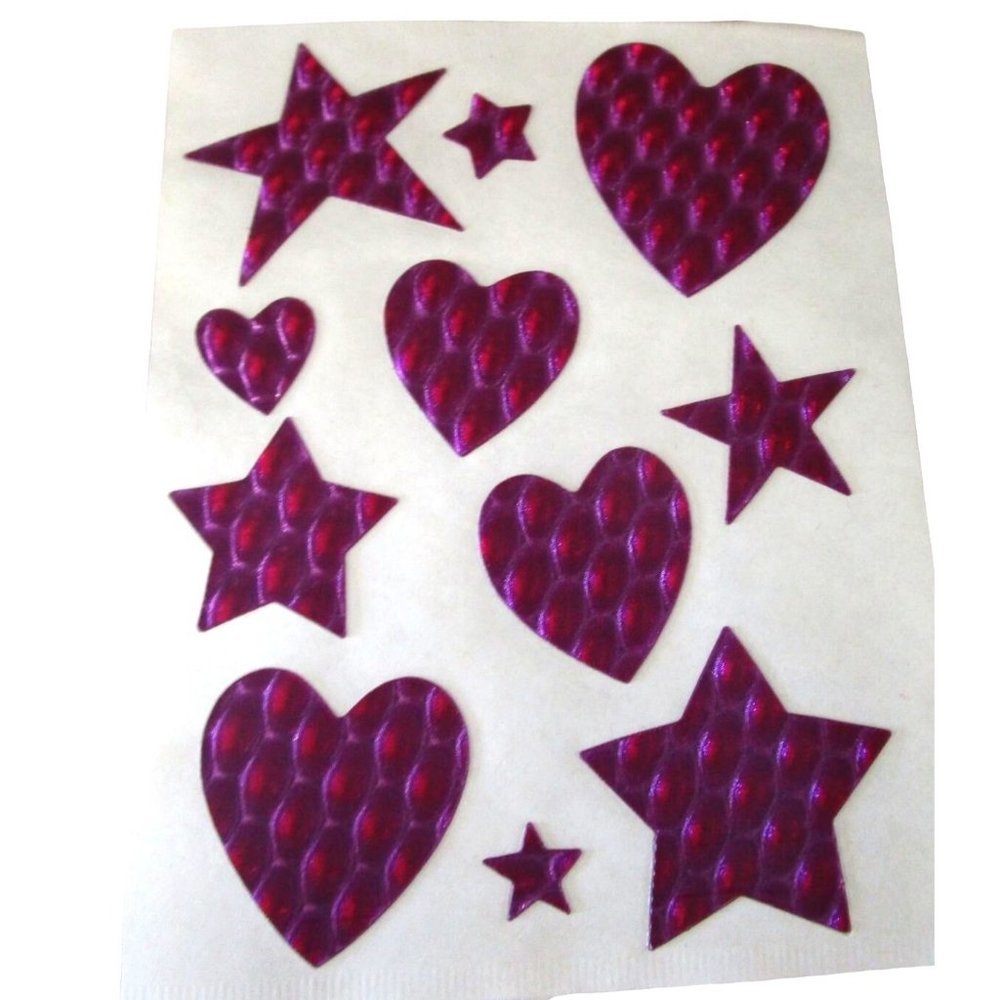 Lenticular Purple Red Plastic Hearts and Stars Vintage Stickers Single Sheet GUC